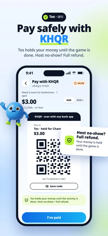 Pay safely with KHQR: payment screen with escrow and full refund on host no-show