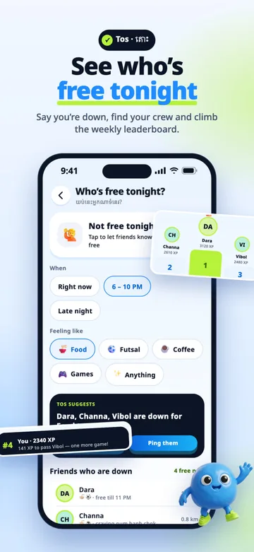 See who's free tonight: friends who are down and the weekly leaderboard