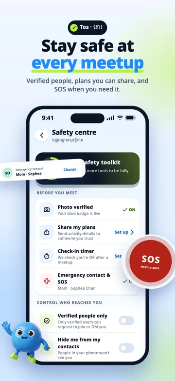 Stay safe at every meetup: safety centre with verification, check-in timer and SOS